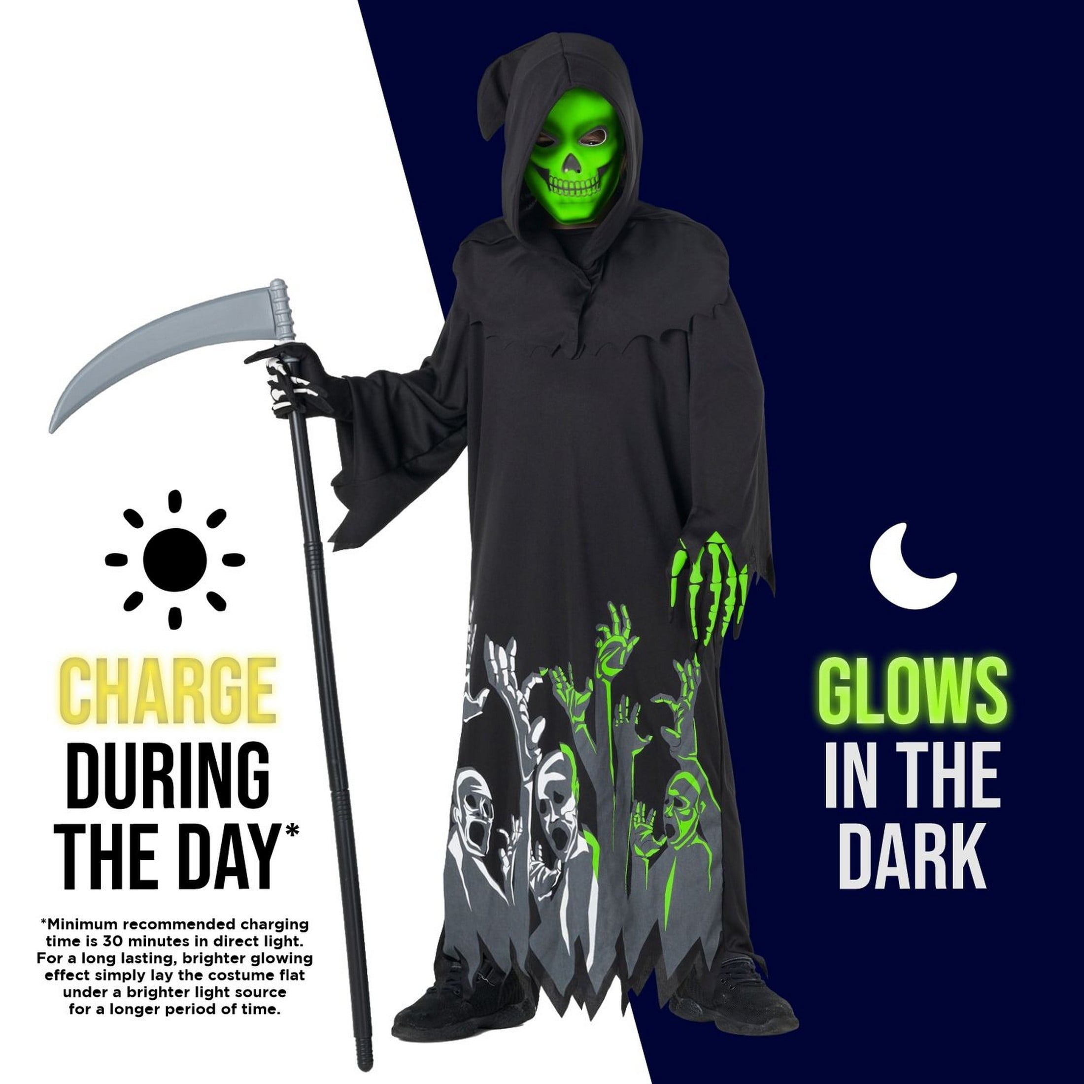  Kids Glow in the Dark Grim Reaper Costume Scy the Boy Girl Halloween Halloween Black L