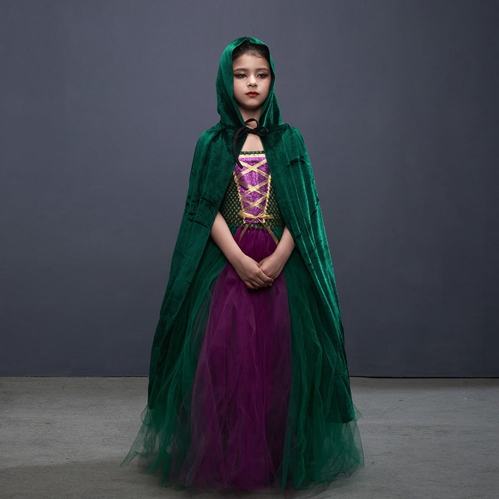 IBTOM CASTLE Kids Girls Witch Costumes Halloween Cosplay Costume Fancy Dress Cloak Witch Broom 3PCS Dress up Outfit 6-7 Years Green