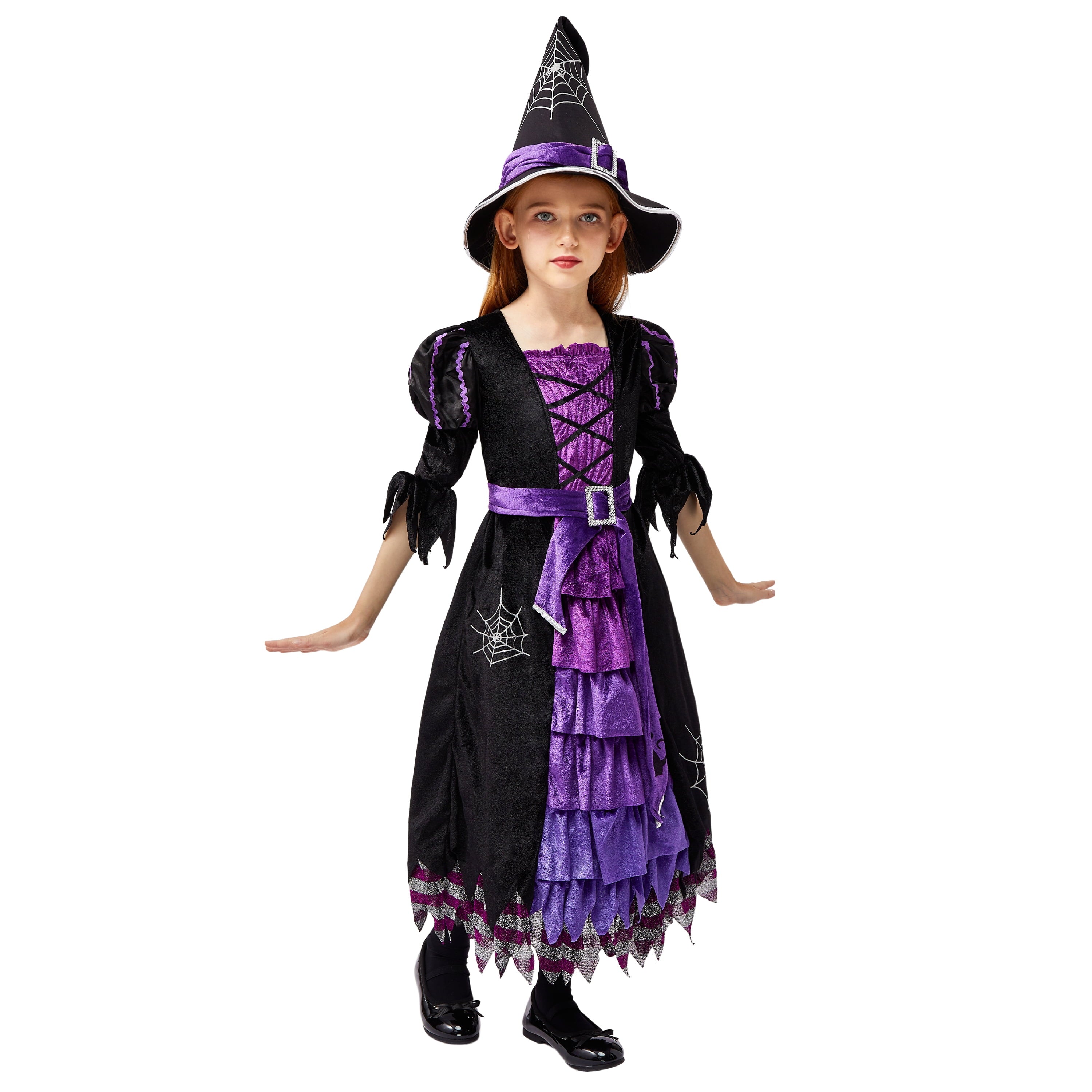  Witch Costume Set for Girls, Halloween Fancy-Dress with Broom Hat for Toddler Kids Halloween Party Dress up 3-14 Years