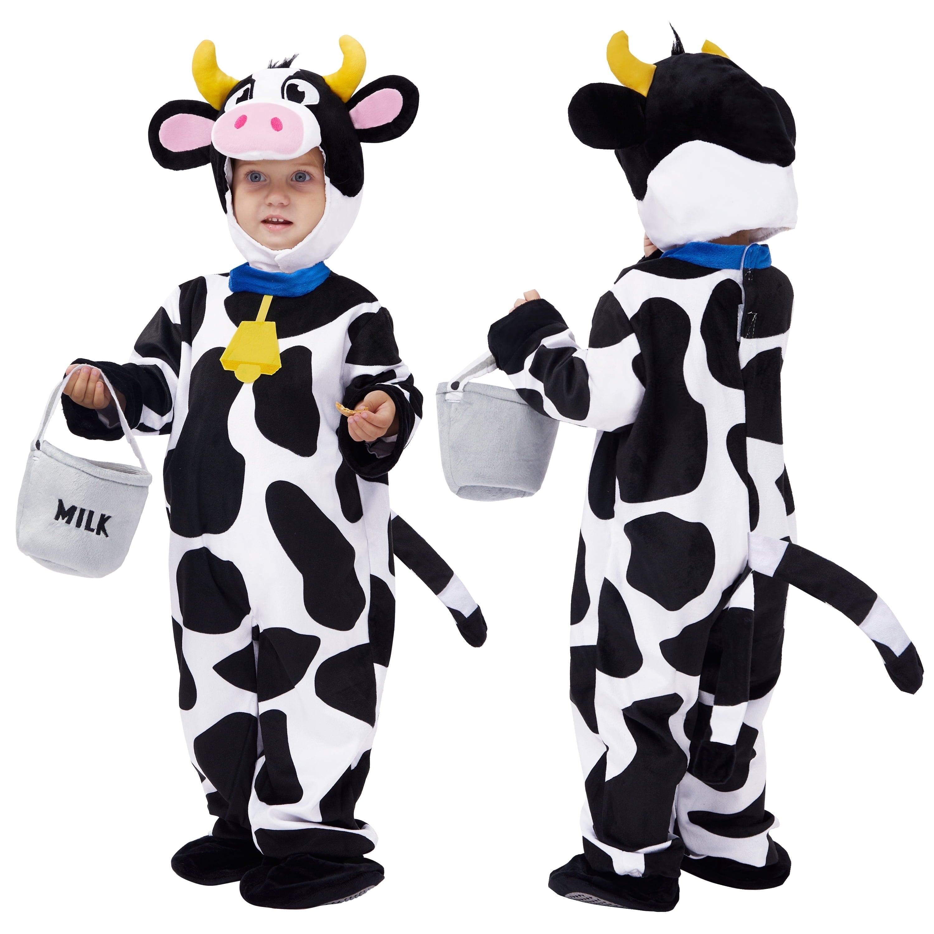  Baby Cow Costume with Milking Bucket for Toddler, Kids Halloween Farm Party Dress up Role Playing Cosplay 0-5 Years