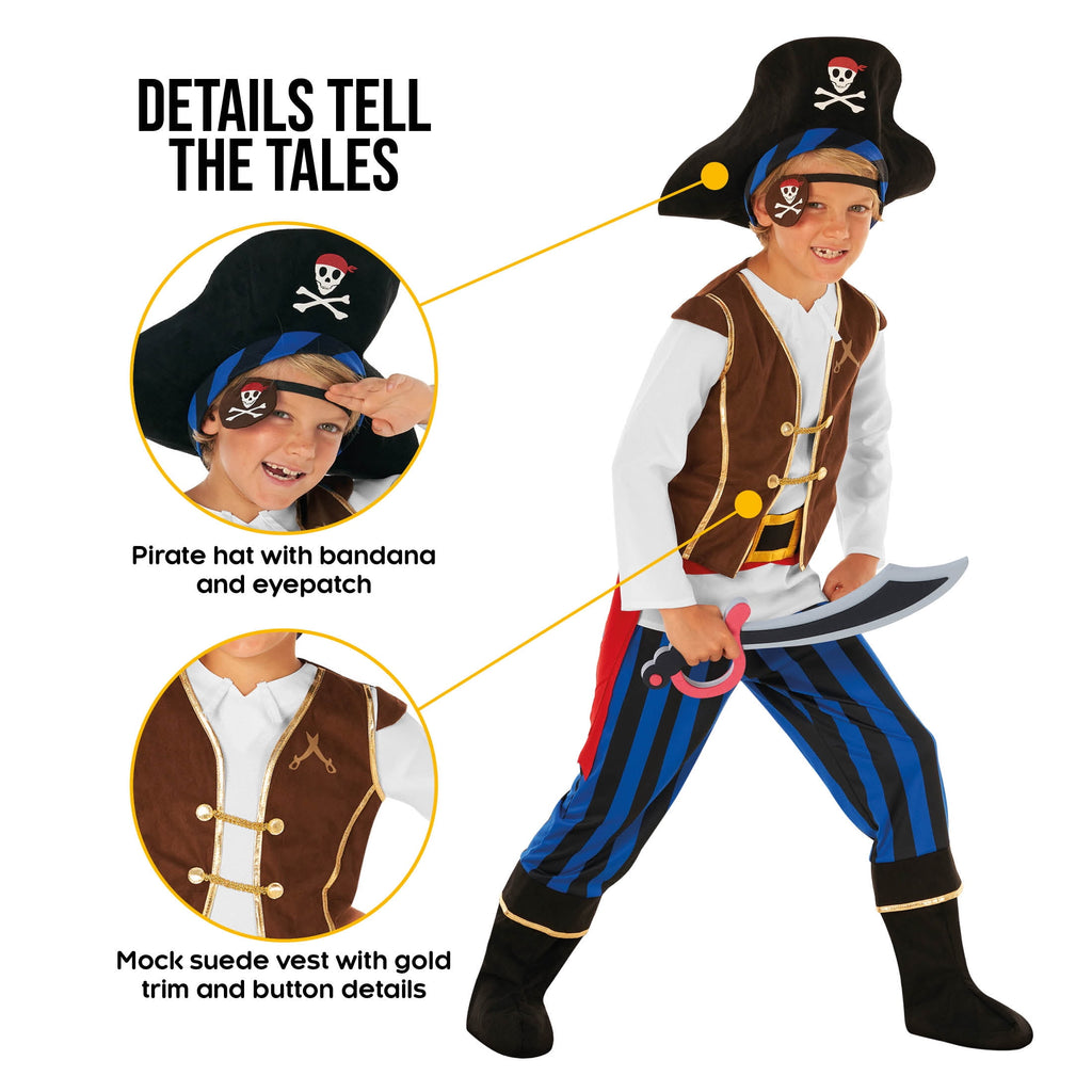  Boys Blue Pirate Costume Hat Toy Sword Kids Buccaneer Captain Halloween Halloween Blue L