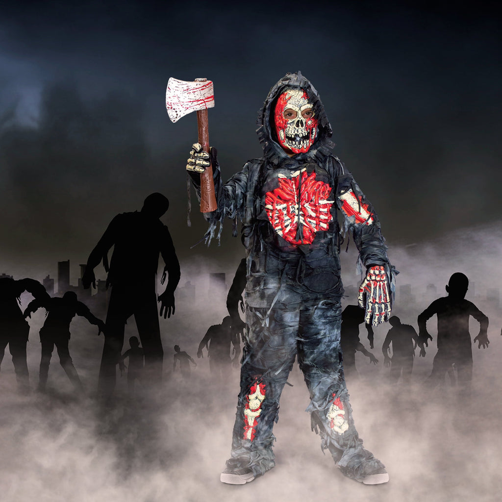  Kids Zombie Costume, Scary Halloween Zombie Costume for Boys, Monsters Costume with Plastic Toy Axe for Halloween Party Dress-Up Age Up to 14 Years