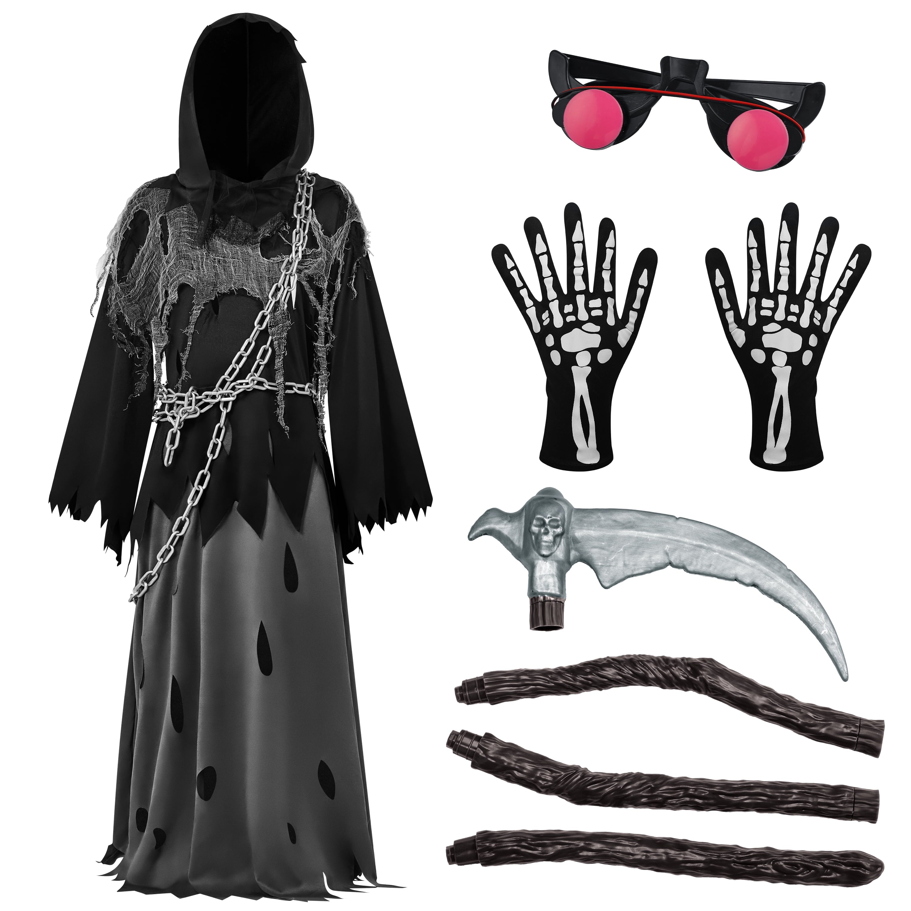  Child Glowing Eyes Grim Reaper Costume, Phantom Costume for Kids Halloween Fancy Dress Up 5-12 Years