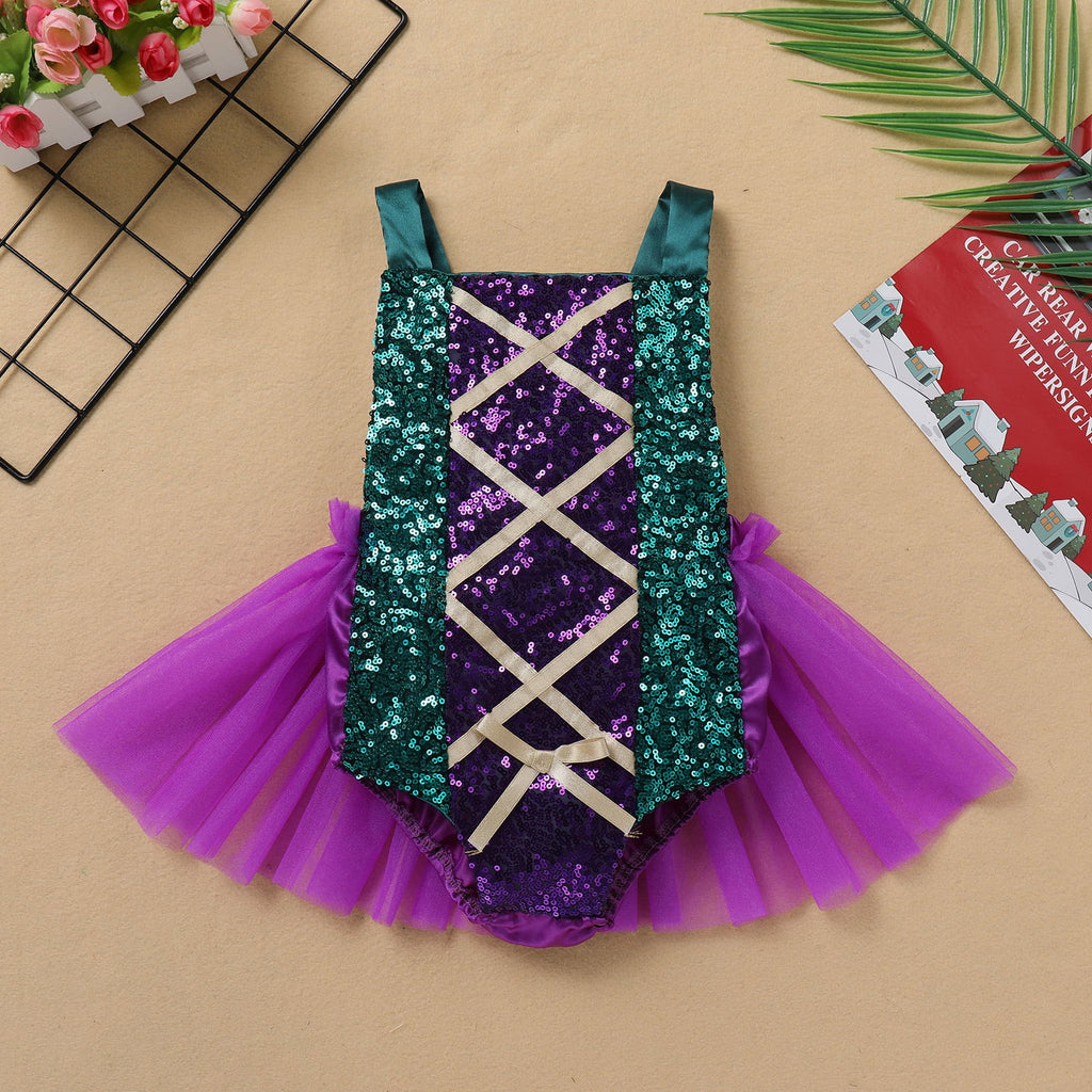 IBTOM CASTLE Toddler Girls Sanderson Sisters Costumes Kids Witch Sequin Backless Romper Tulle Dress with Cloak Halloween Cosplay Carnival Fancy Dress up Outfit 12-18 Months Green-Winifred