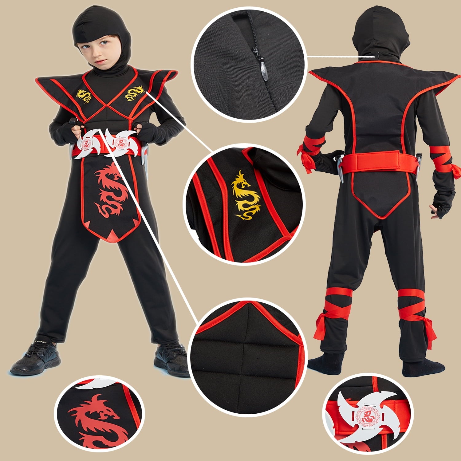  Deluxe Ninja Costume Set Muscle Ninja Costumes for Kids Cosplay Dress up Accessories(kids-L-8/9T)