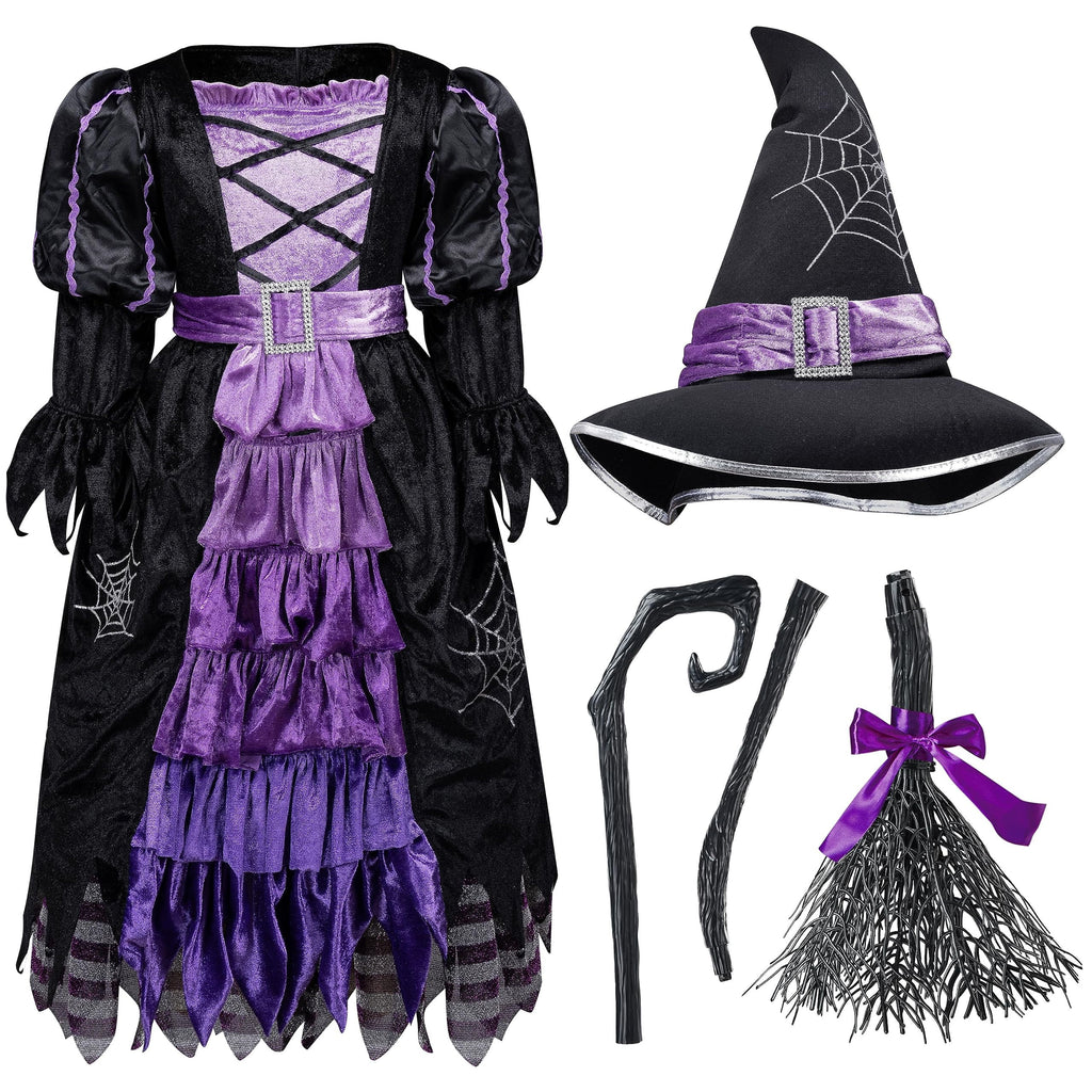  Witch Costume Set for Girls, Halloween Fancy-Dress with Broom Hat for Toddler Kids Halloween Party Dress up 3-14 Years