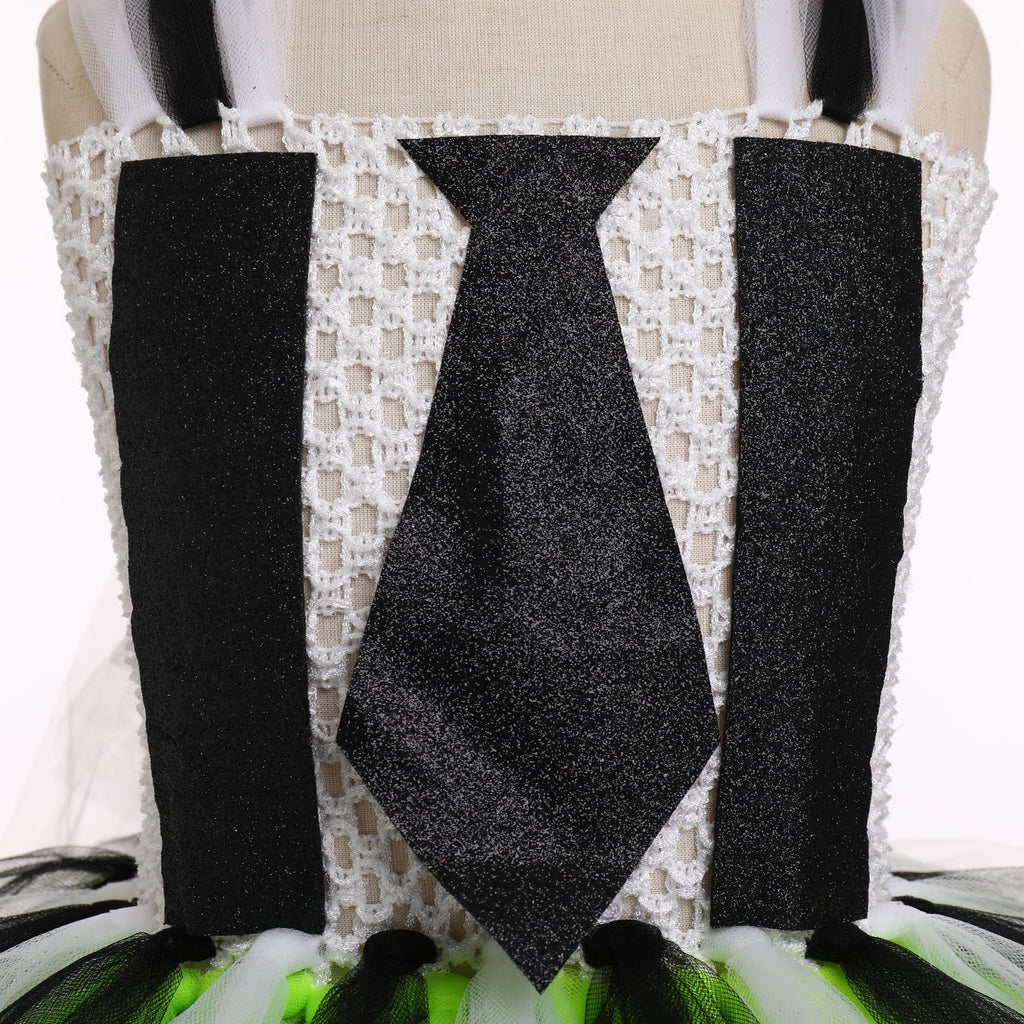 IBTOM CASTLE Kids Girls Halloween Costume Black and White Striped Tulle Dress Headband Set Cosplay Carnival Birthday Outfit 4-5 Years Black + Green