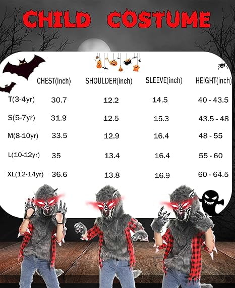  Boys Wolf Costume Set  Halloween Red Werewolf Outfit with Glowing Eyes Mask, Shoe Covers, Gloves, Tail & Vampire Fangs (3-4T)