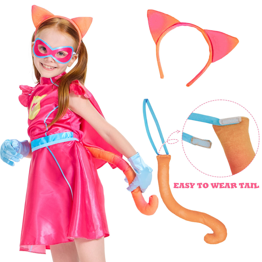 Girls Superhero Costume with Cape, Pink Kitties Fancy Dress Accessories Cat Headband Tail Gloves Outfit for Kids Hallloween