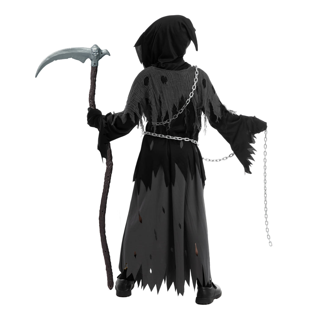  Child Glowing Eyes Grim Reaper Costume, Phantom Costume for Kids Halloween Fancy Dress Up 5-12 Years
