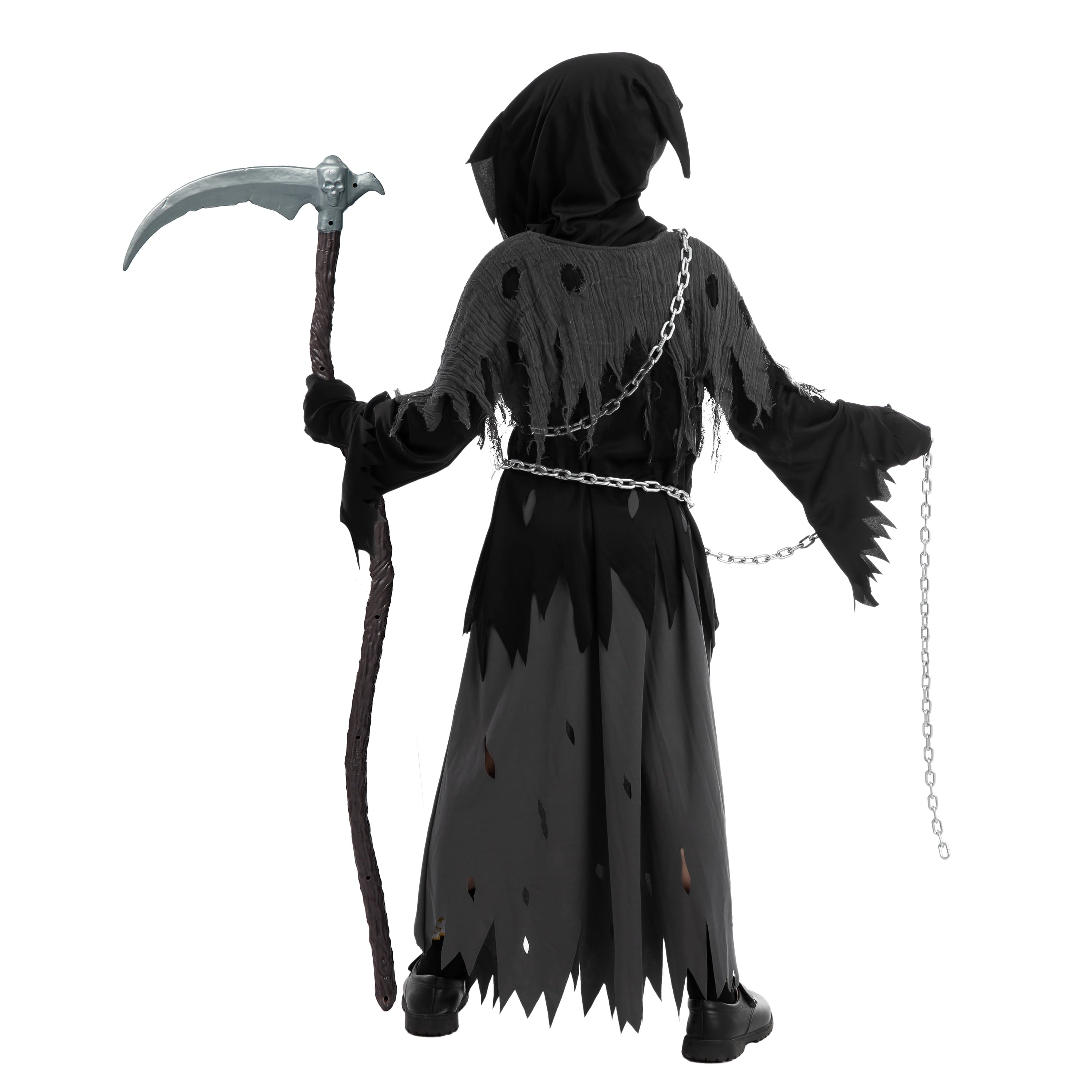  Child Glowing Eyes Grim Reaper Costume, Phantom Costume for Kids Halloween Fancy Dress Up 5-12 Years