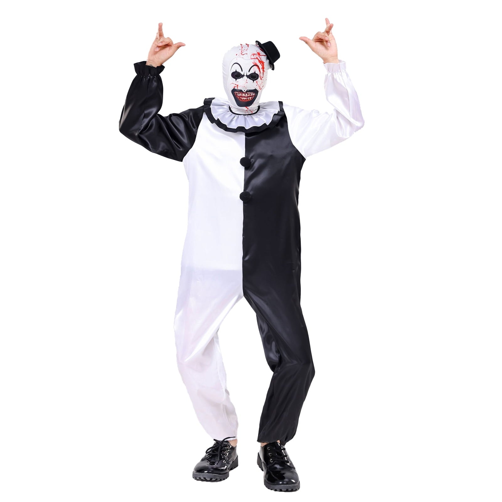  Unisex Kid Clown Costume Jumpsuit Black and White Halloween Outfit Scary Killer Cosplay with Mask Hat