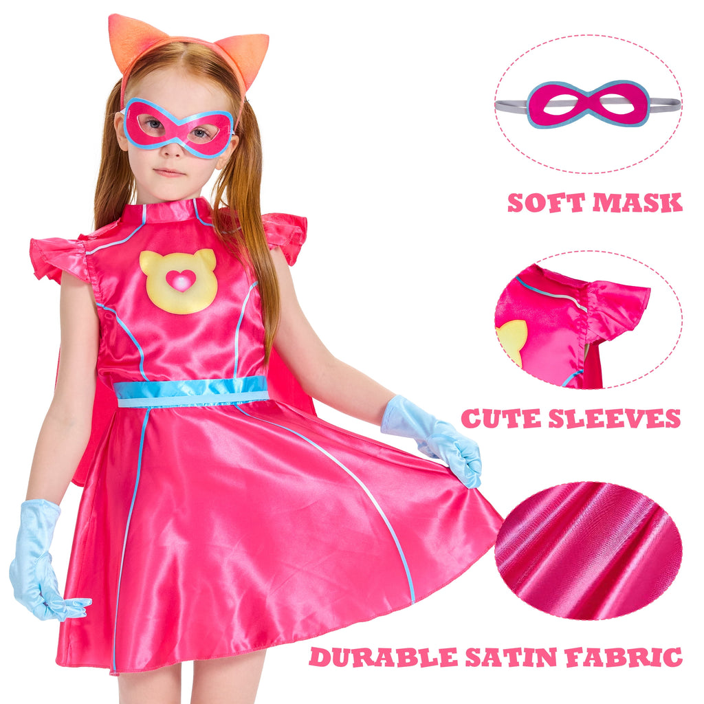 Girls Superhero Costume with Cape, Pink Kitties Fancy Dress Accessories Cat Headband Tail Gloves Outfit for Kids Hallloween