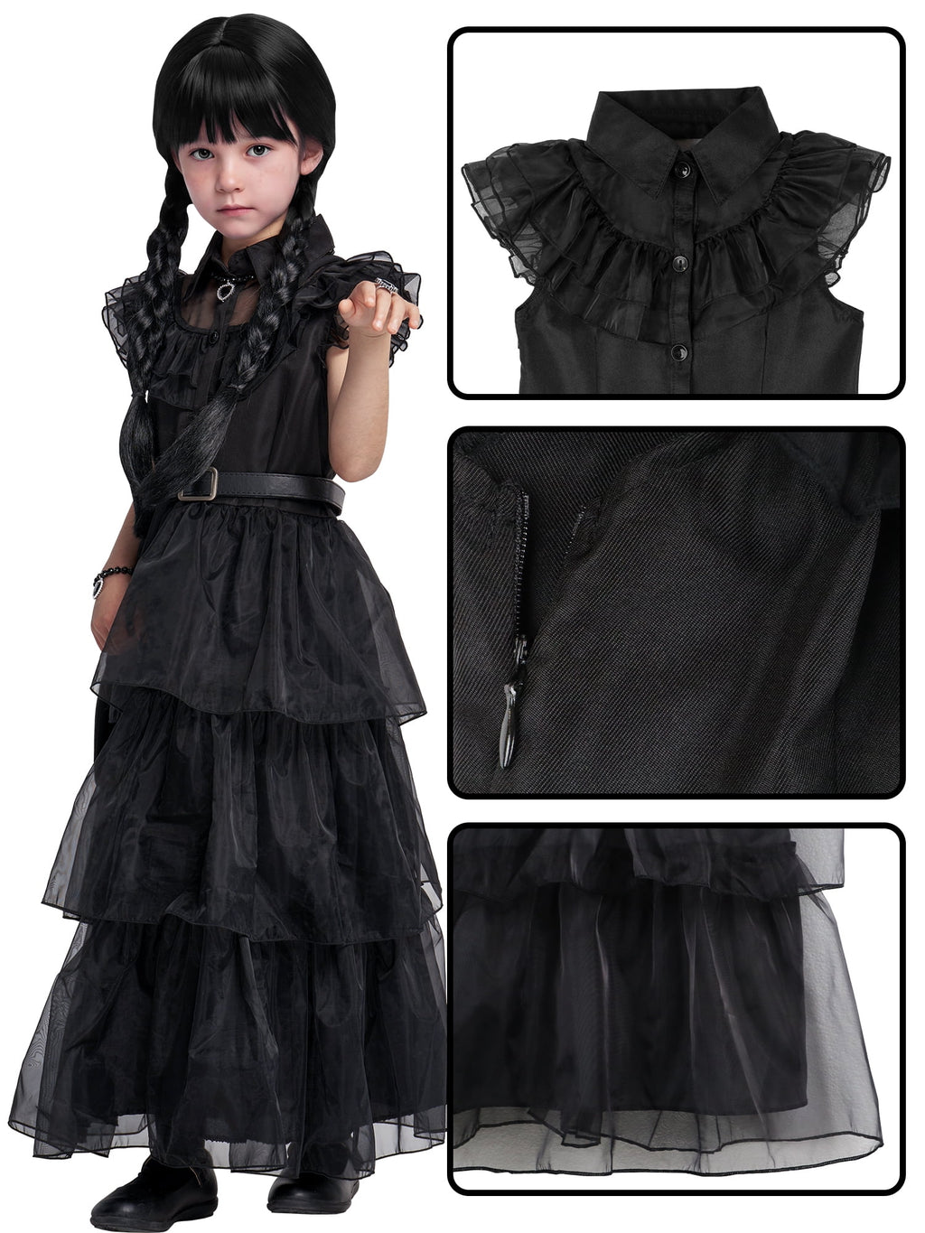  Girls Halloween Costume Fancy Dress with Wig Black for Child Carnival Party 10-12 Years