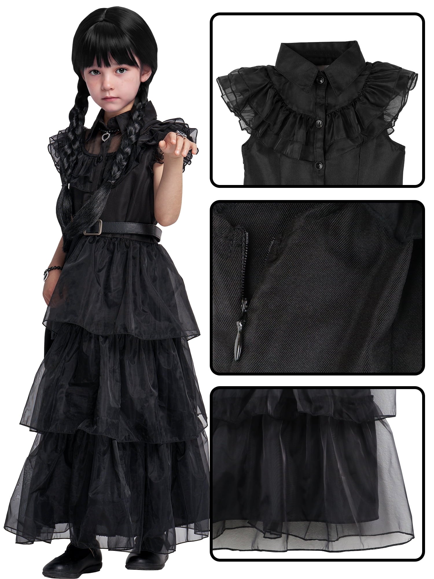  Girls Halloween Costume Fancy Dress with Wig Black for Child Carnival Party 10-12 Years