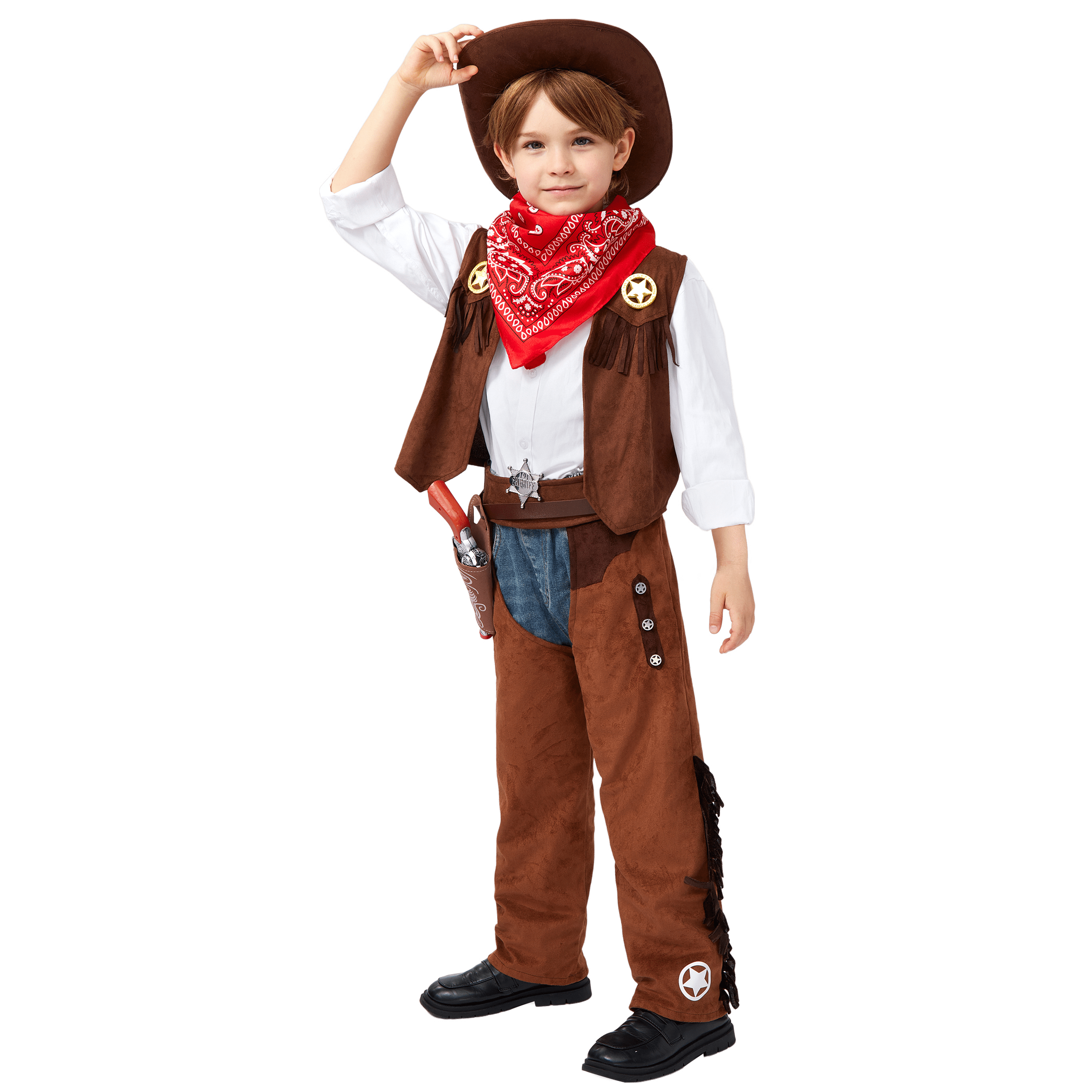  Halloween Cowboy Costume for Boys, Kids Cowboy Costume Set, Brown Western Style Cowboy Outfit with Cowboy Hat for Toddler Dress-up Party Cosplay