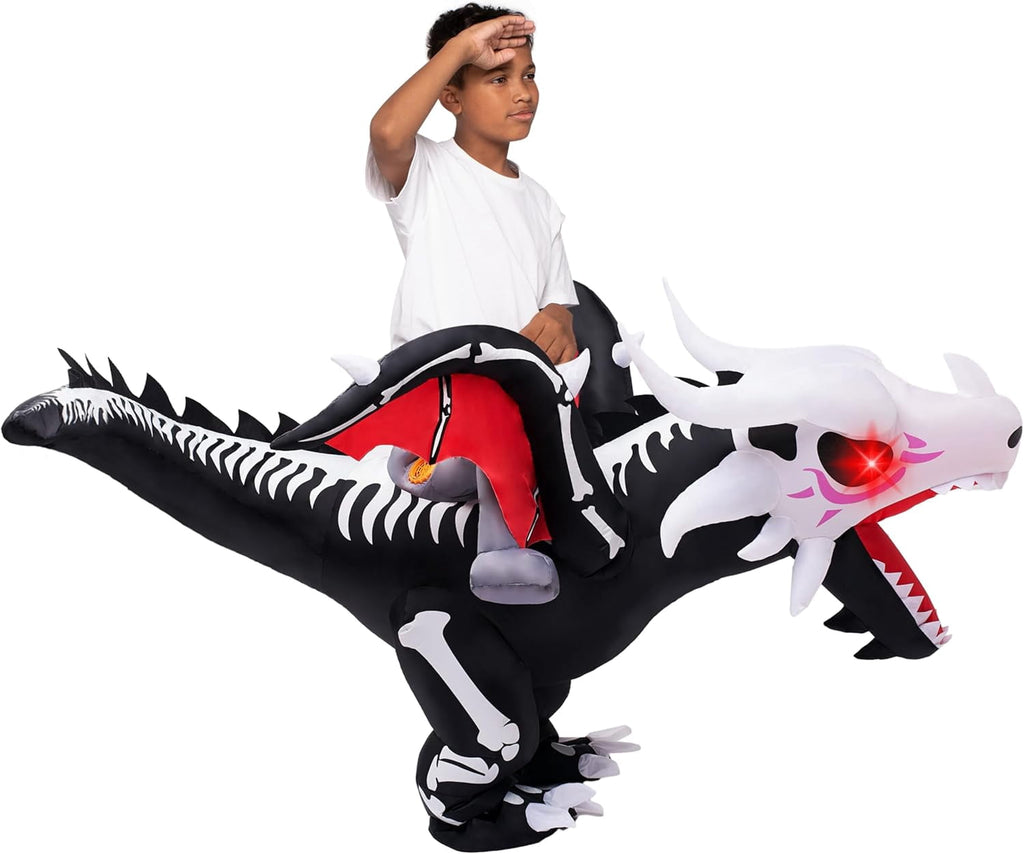  Kids Inflatable Dinosaur Costume with LED Light Up Eyes,Blow Up Ride-On Dinosaur Skeleton Costume for Halloween Party,Cosplay and Themed Dress Up