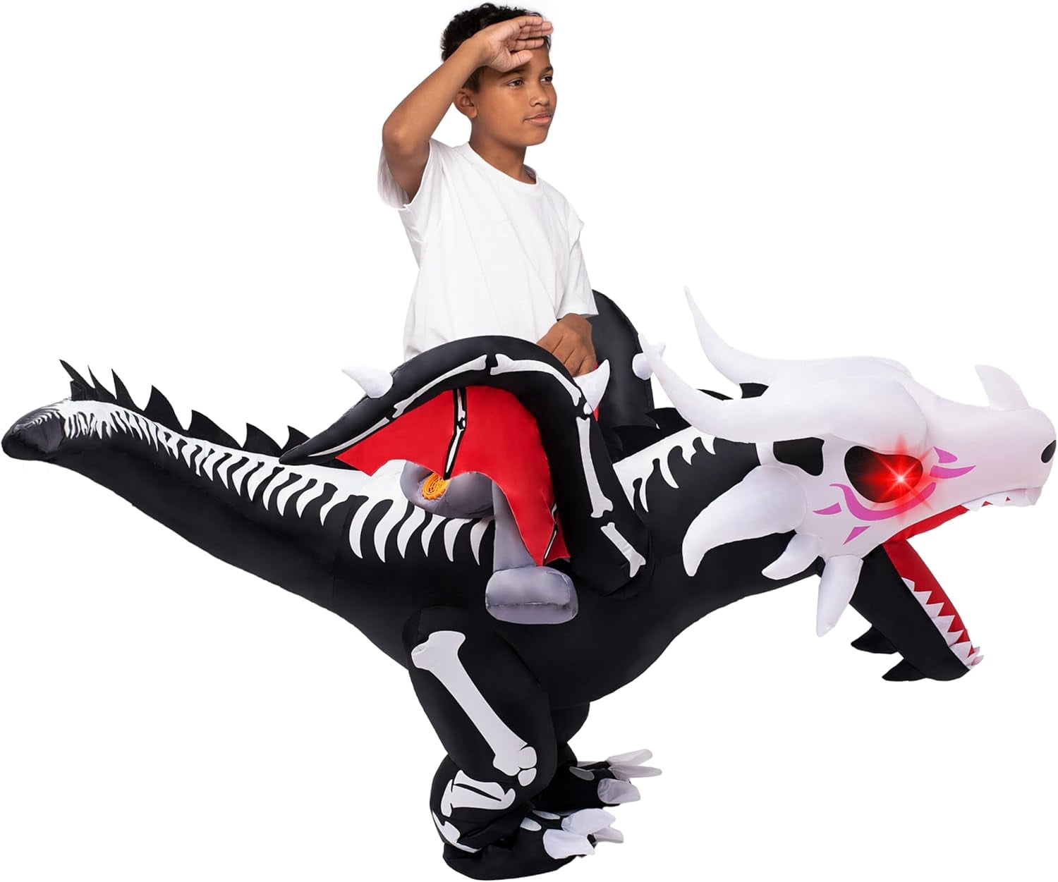  Kids Inflatable Dinosaur Costume with LED Light Up Eyes,Blow Up Ride-On Dinosaur Skeleton Costume for Halloween Party,Cosplay and Themed Dress Up
