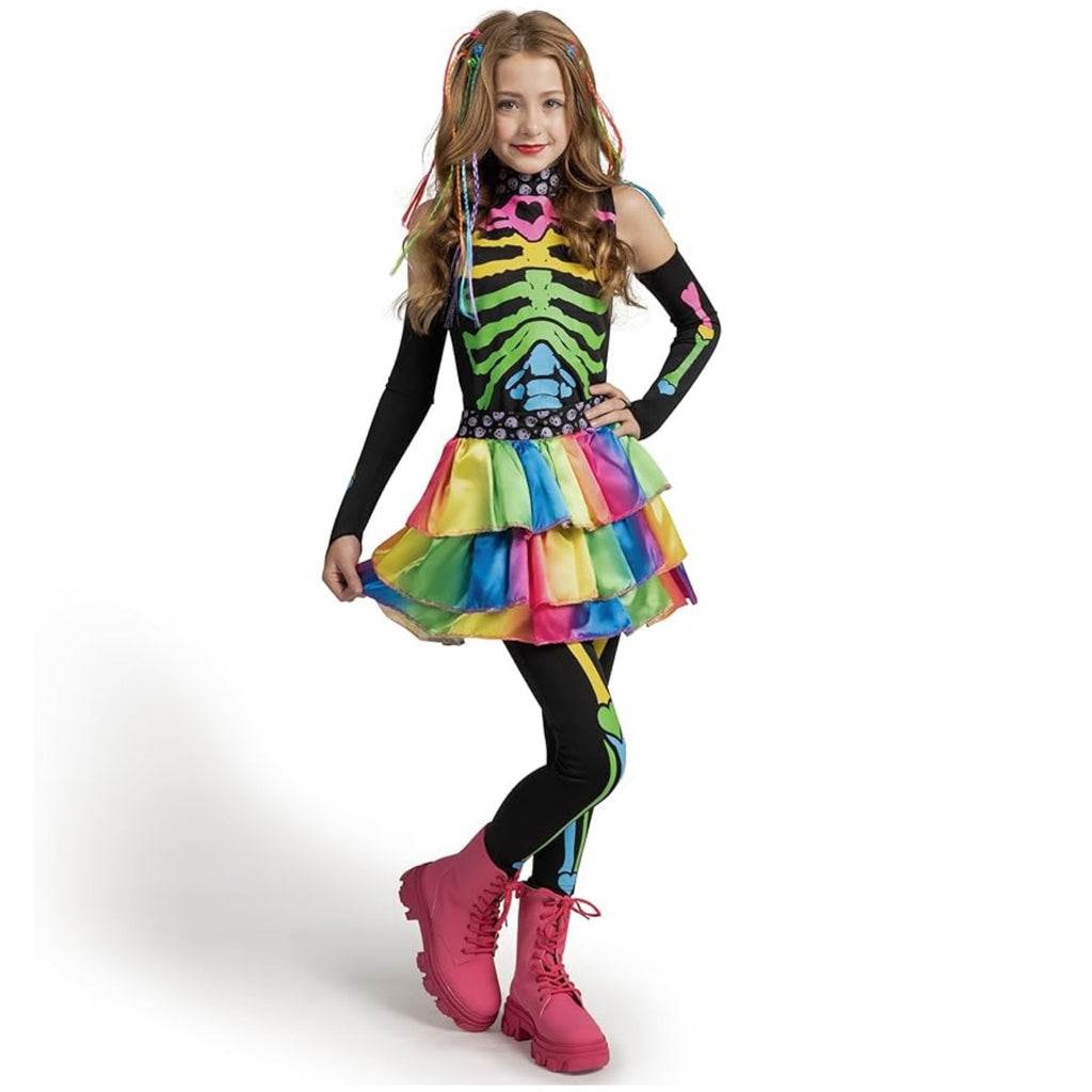  Skeleton Tutu Dress for Girls, Colorful Bones Skeleton Costume for Kids Halloween Dress Party up Cosplay