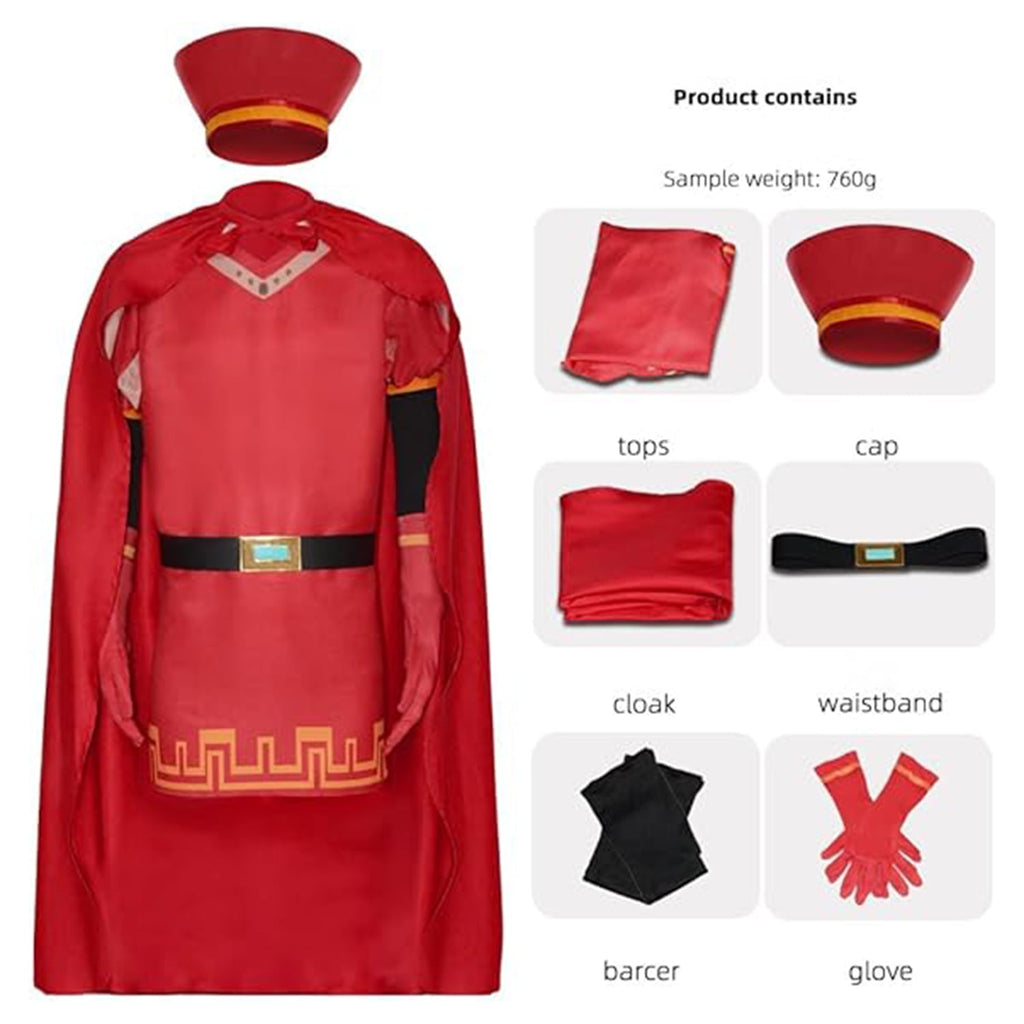  Unisex Adult King Farquaad Cosplay Costume Outfits Halloween Classic Role Farquaad Costume Red Cape Cloak Cap Suit