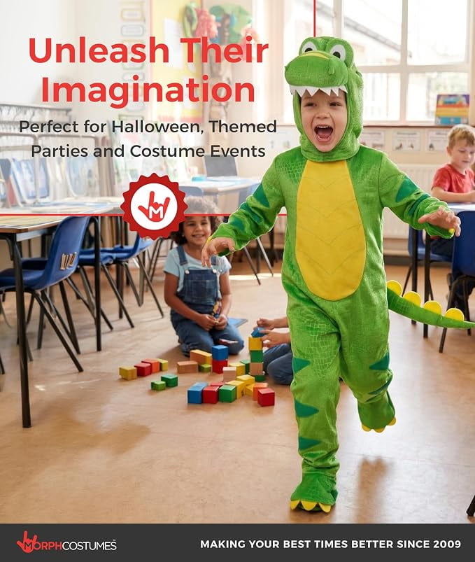  Kids Green T Rex Costume Boys Girls Dinosaur Jumpsuit Fancy Dress Halloween Green M