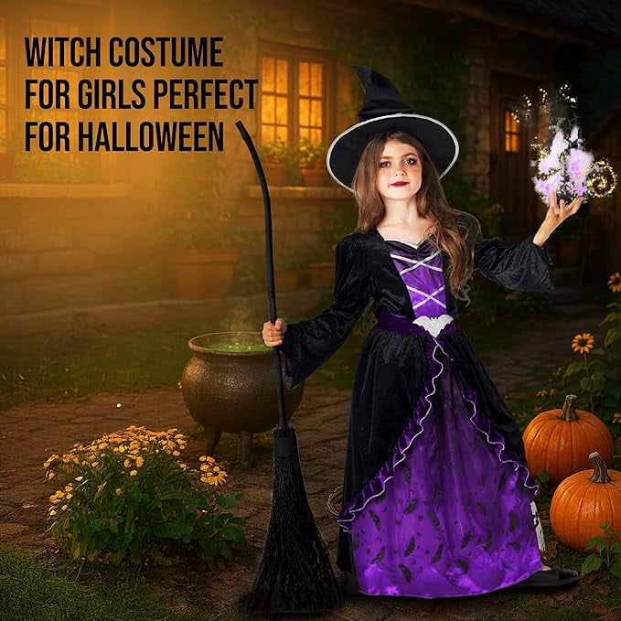  Deluxe Girls Purple Witch Costume Hat Kids Halloween Fancy Dress Halloween Purple/Black S