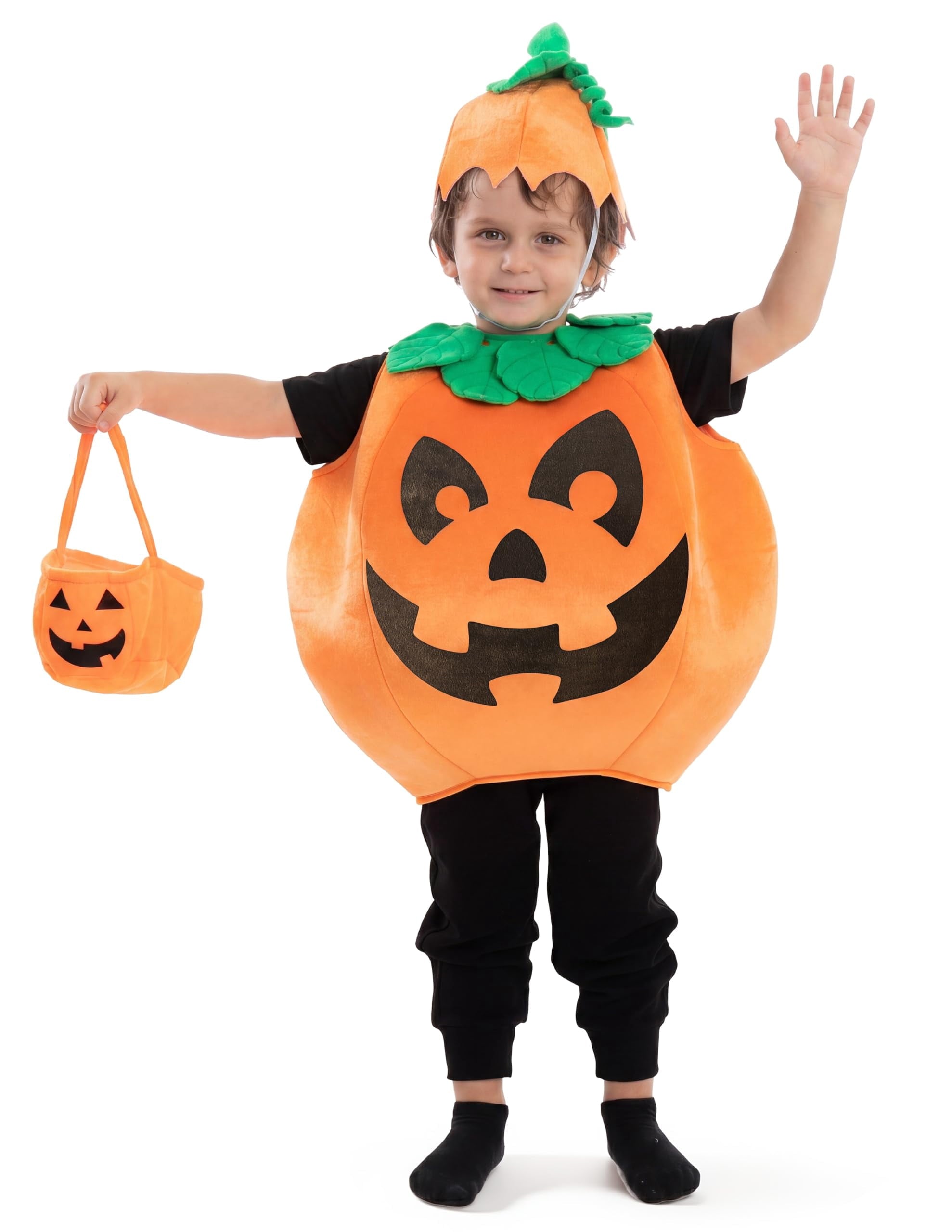  Child Pumpkin Costume with Toy Basket for Kids Toddler Halloween Dress Up Pumpkin Themed Party Role Play Cosplay