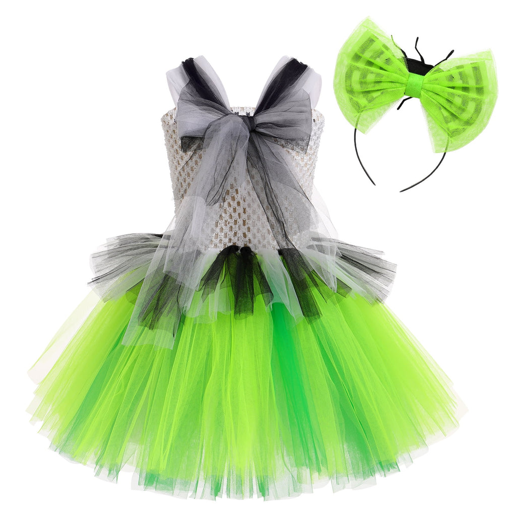 IBTOM CASTLE Kids Girls Halloween Costume Black and White Striped Tulle Dress Headband Set Cosplay Carnival Birthday Outfit 4-5 Years Black + Green