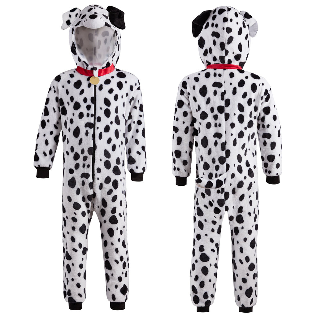  Dalmatian Costume for Kids, White Black Puppy Zip-Up Jumpsuit for Halloween Trick or Treat Party, Ages 5-12
