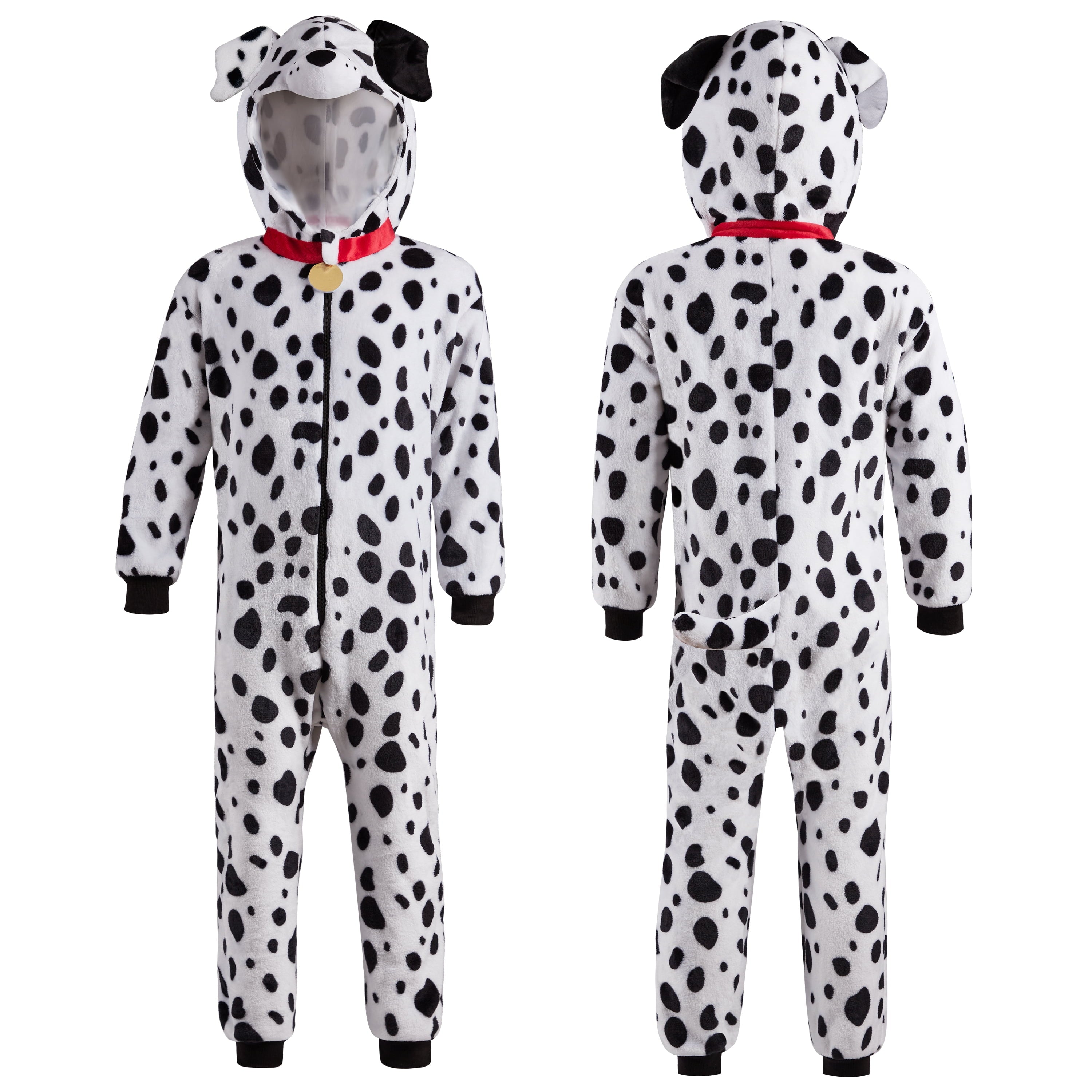  Dalmatian Costume for Kids, White Black Puppy Zip-Up Jumpsuit for Halloween Trick or Treat Party, Ages 5-12