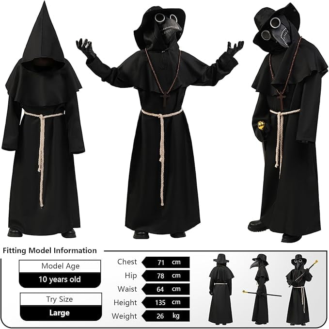 Plague Doctor Costume for Kids, 9 in 1 Halloween Costumes with Mask for Dress-Up Party for 10-12 Yeas
