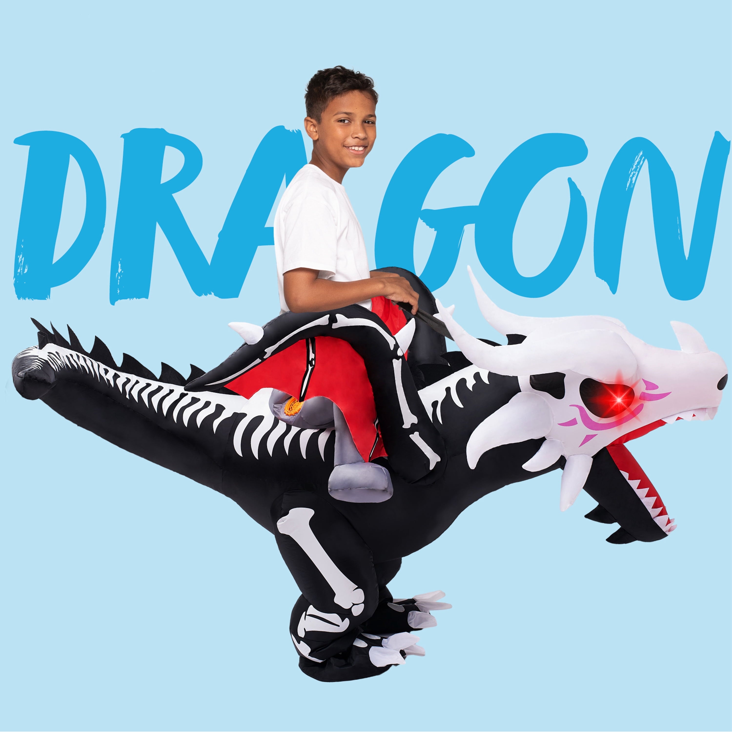  Kids Inflatable Dinosaur Costume with LED Light Up Eyes,Blow Up Ride-On Dinosaur Skeleton Costume for Halloween Party,Cosplay and Themed Dress Up