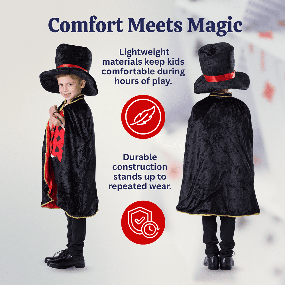 Dress Up America Magician Costume for Kids - Magician Cape, Hat and Wand Set - Magic Dress Up Costume for Boys and Girls Black