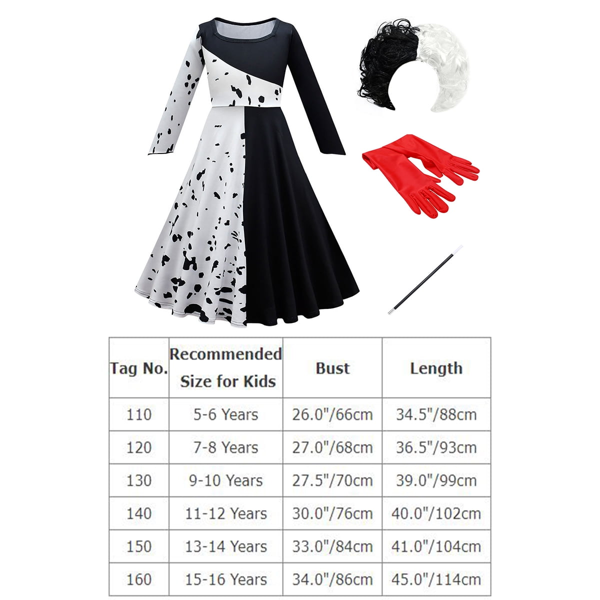 IDOPIP Cruella Deville Costume for Girls Kids Halloween Fancy Dress up Cosplay Black White Dalmatian Dog Dress with Wigs Gloves Cigarette Holder Outfit 5-6 Years Long Sleeve - Classic
