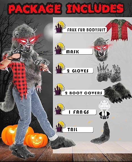  Boys Wolf Costume Set  Halloween Red Werewolf Outfit with Glowing Eyes Mask, Shoe Covers, Gloves, Tail & Vampire Fangs (3-4T)