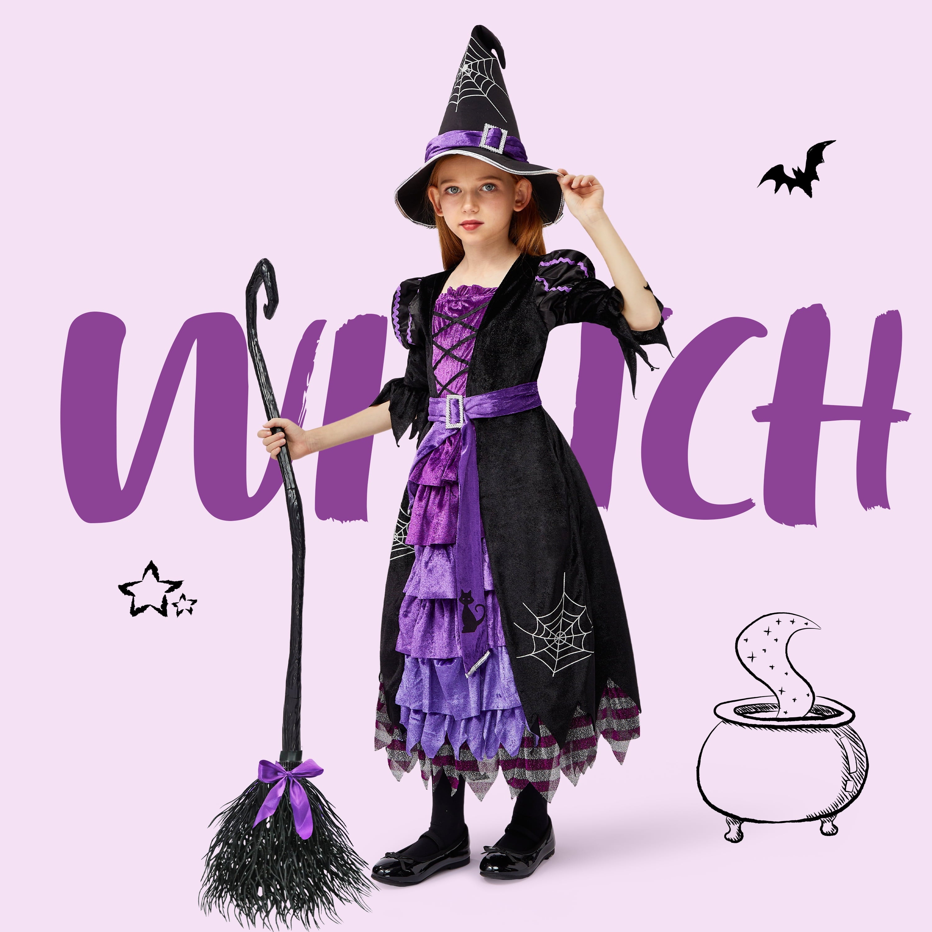 Witch Costume Set for Girls, Halloween Fancy-Dress with Broom Hat for Toddler Kids Halloween Party Dress up 3-14 Years