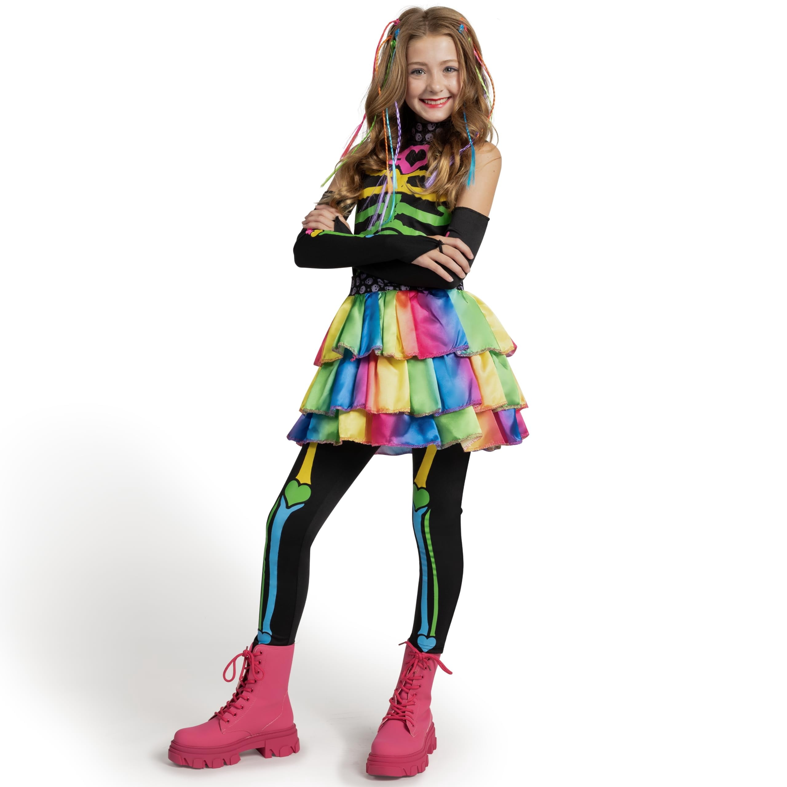  Skeleton Tutu Dress for Girls, Colorful Bones Skeleton Costume for Kids Halloween Dress Party up Cosplay