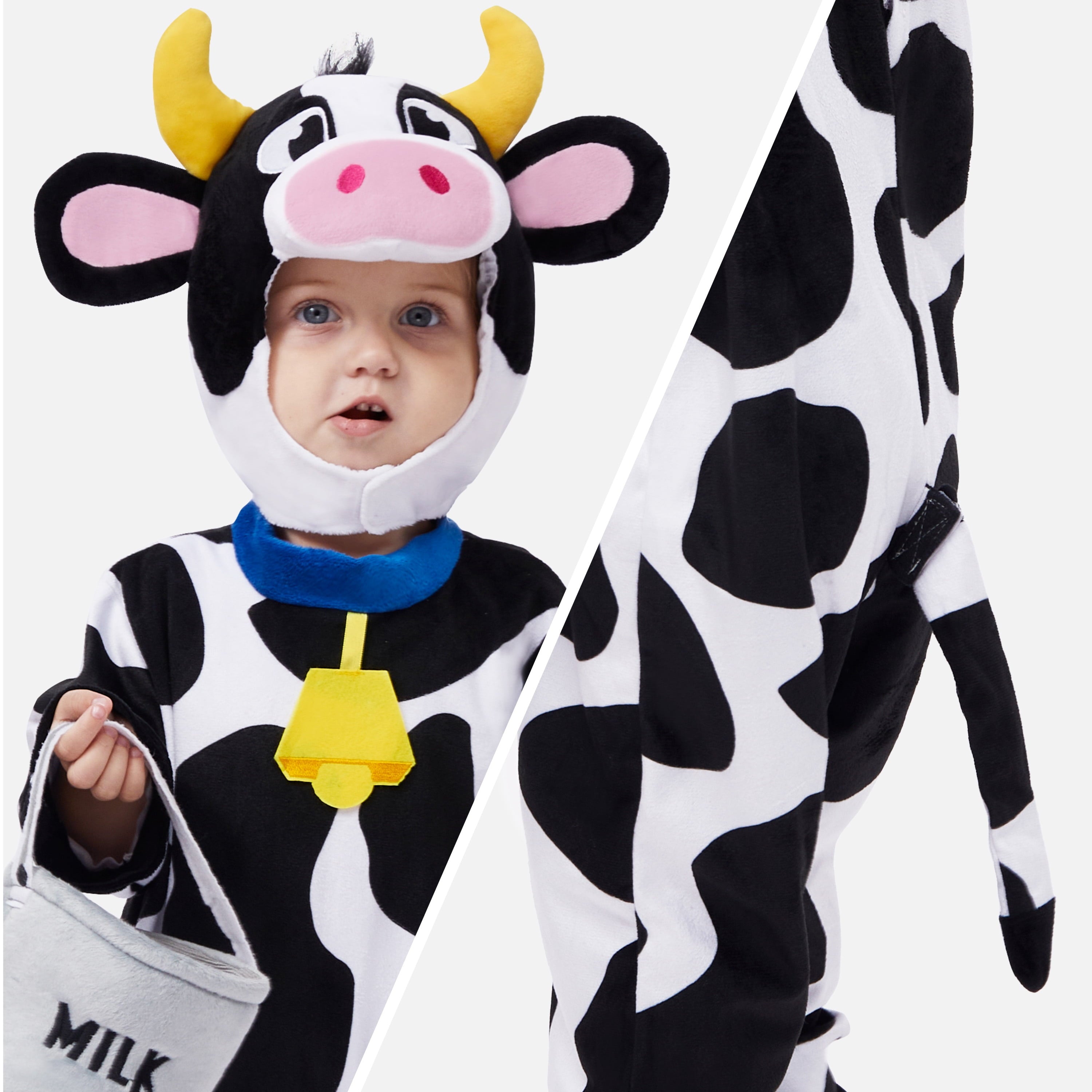 Baby Cow Costume with Milking Bucket for Toddler, Kids Halloween Farm Party Dress up Role Playing Cosplay 0-5 Years