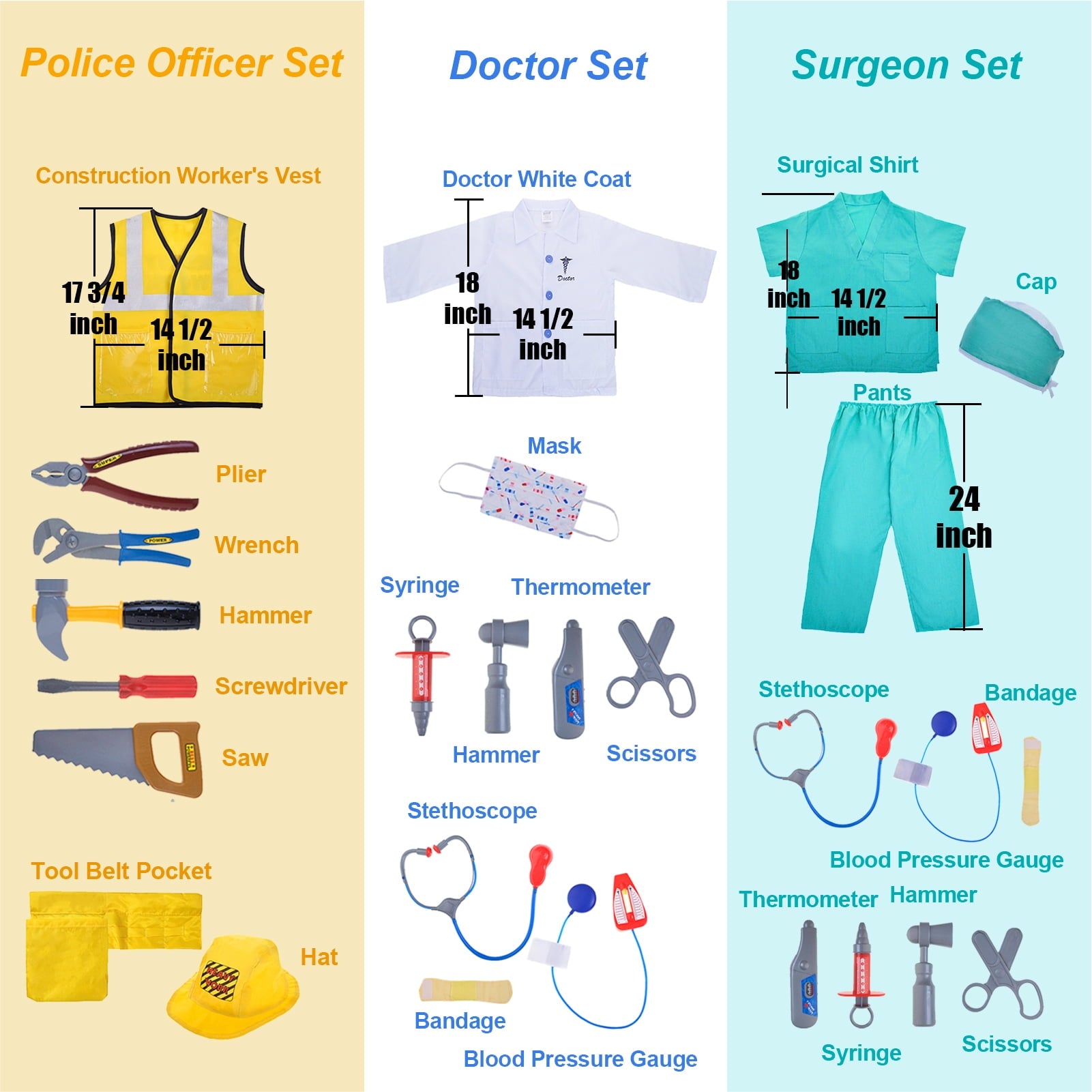 Toptie 5 Sets Kids Dress Up Costumes for Preschool, Doctor Firefighter Police Surgeon Construction Worker for Boys Girls