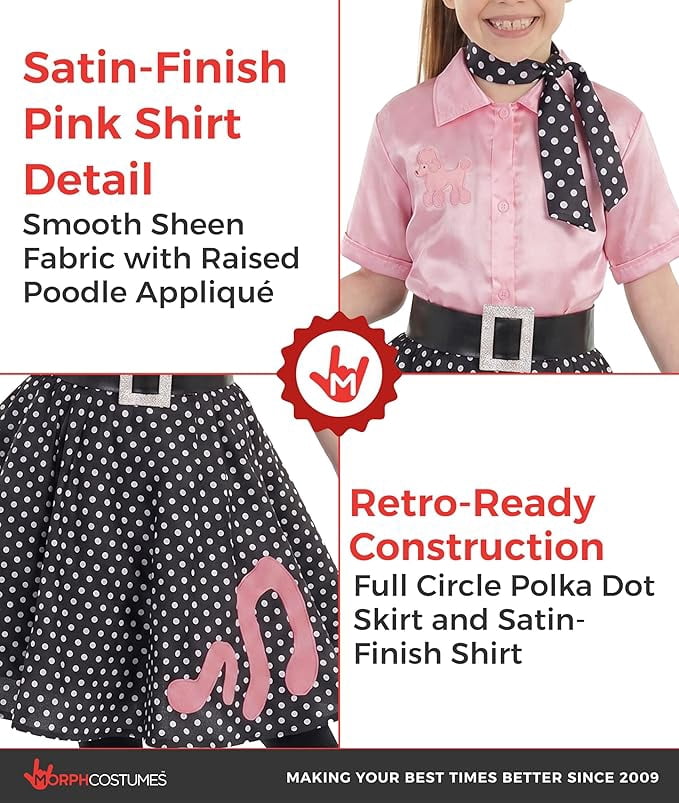 Fun Shack Girls 50s Pink Poodle Dress Costume Kids 1950s Rock N Roll Dancer Halloween Black XL