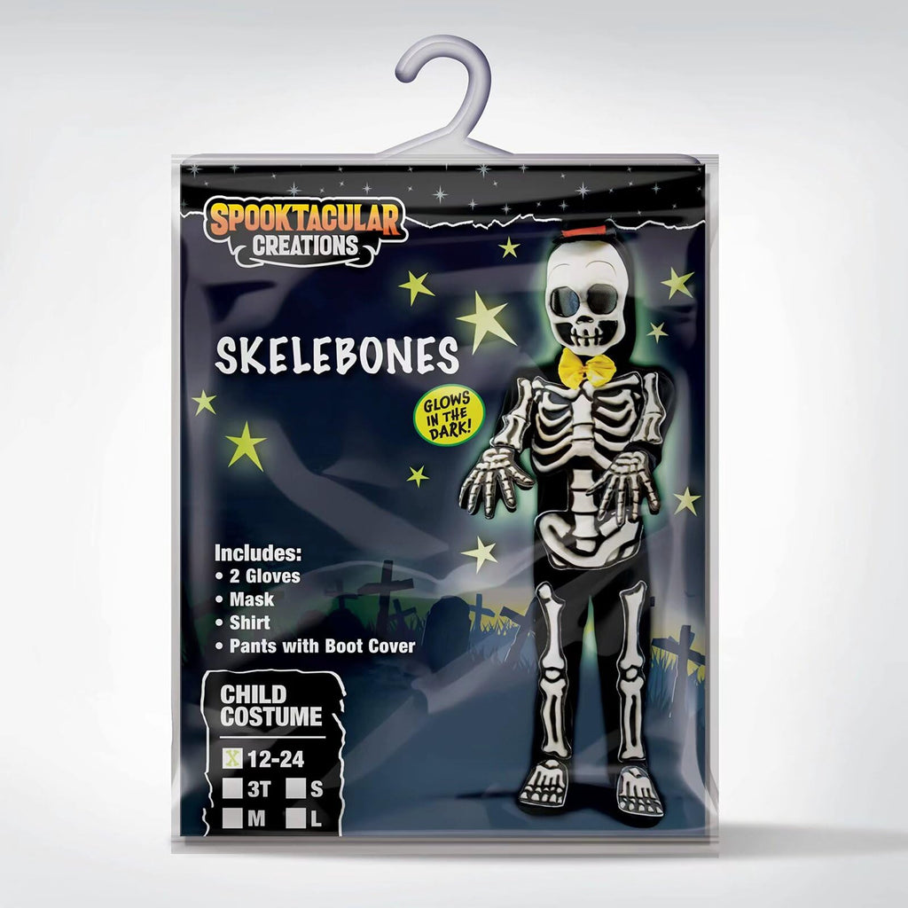  Glows in the Dark Skeleton Costume for Kids, Black Skelebones Jumpsuit, Bone Halloween Costume Dress up for Girls & Boy