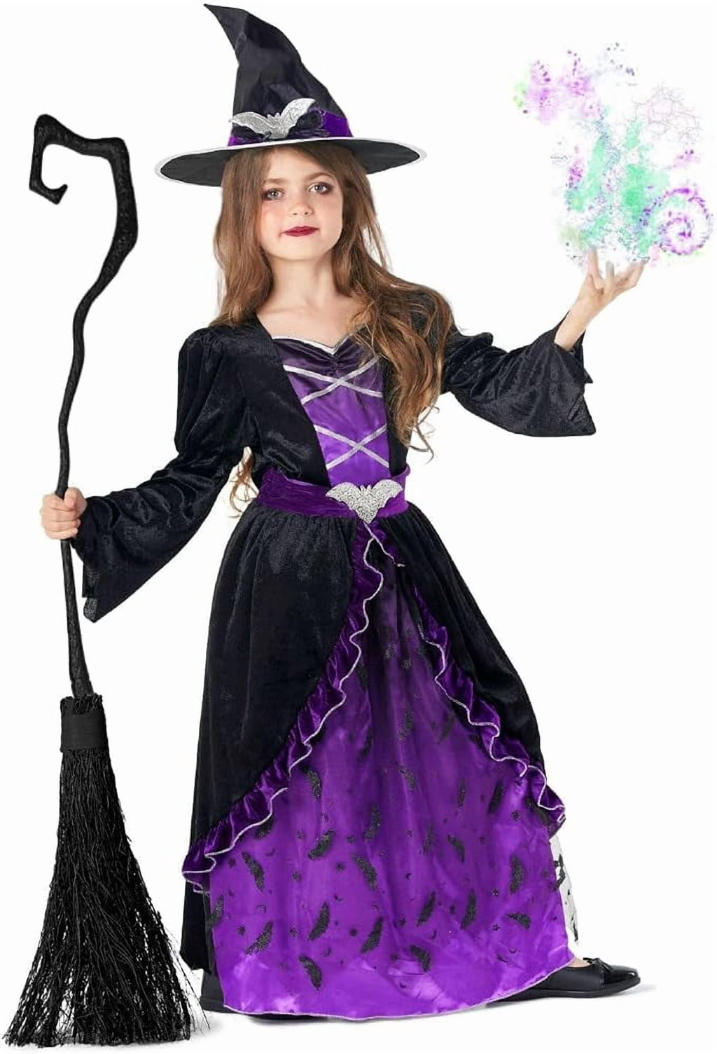  Deluxe Girls Purple Witch Costume Hat Kids Halloween Fancy Dress Halloween Purple/Black S