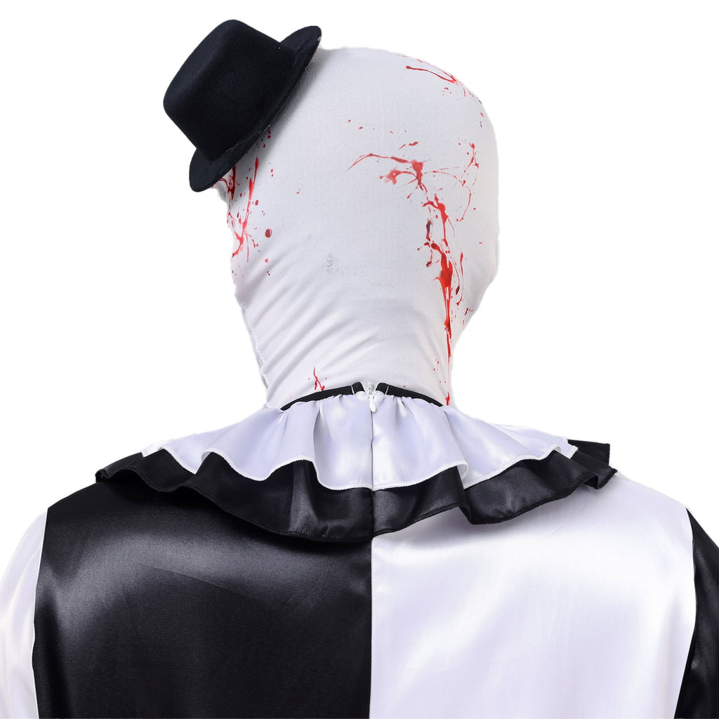  Unisex Kid Clown Costume Jumpsuit Black and White Halloween Outfit Scary Killer Cosplay with Mask Hat