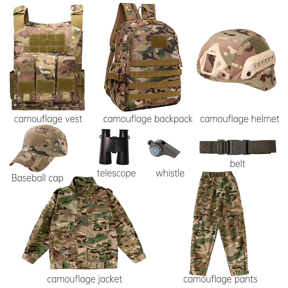 Children's Army Special Forces uniforms, children's camouflage uniforms, helmets, backpacks, and boy soldier Halloween role-play costumes