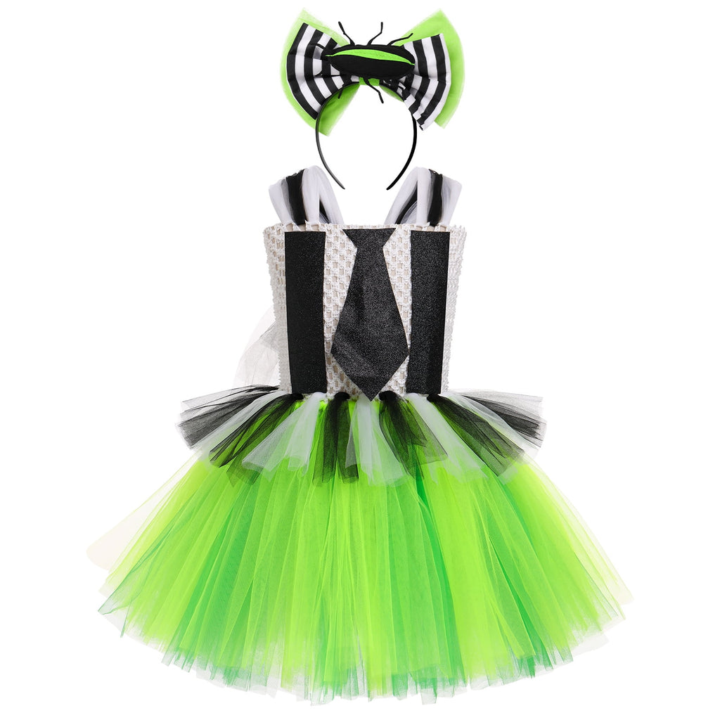 IBTOM CASTLE Kids Girls Halloween Costume Black and White Striped Tulle Dress Headband Set Cosplay Carnival Birthday Outfit 4-5 Years Black + Green