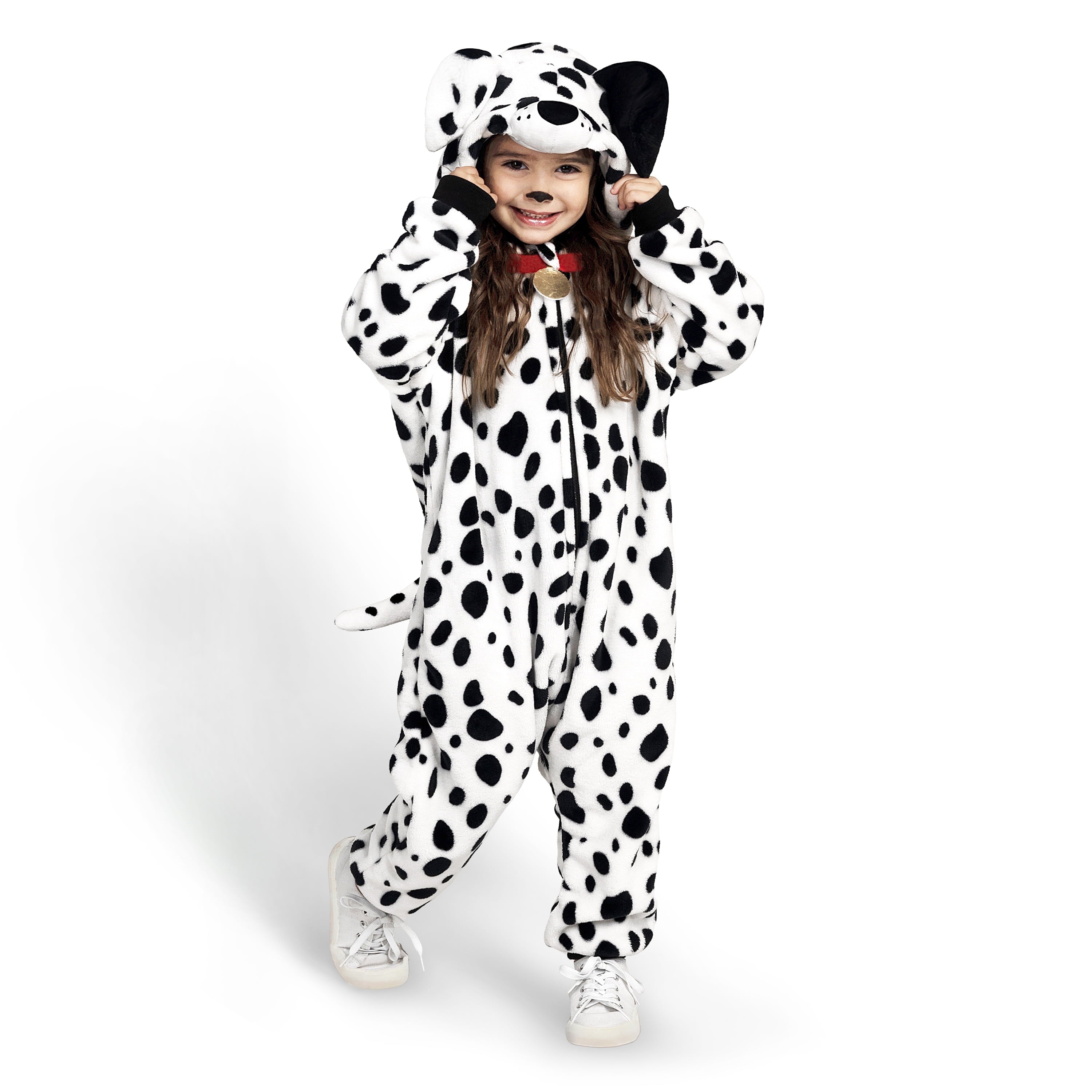  Dalmatian Costume for Kids, White Black Puppy Zip-Up Jumpsuit for Halloween Trick or Treat Party, Ages 5-12