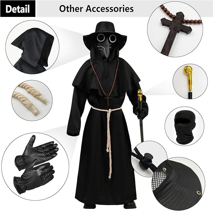Plague Doctor Costume for Kids, 9 in 1 Halloween Costumes with Mask for Dress-Up Party for 10-12 Yeas