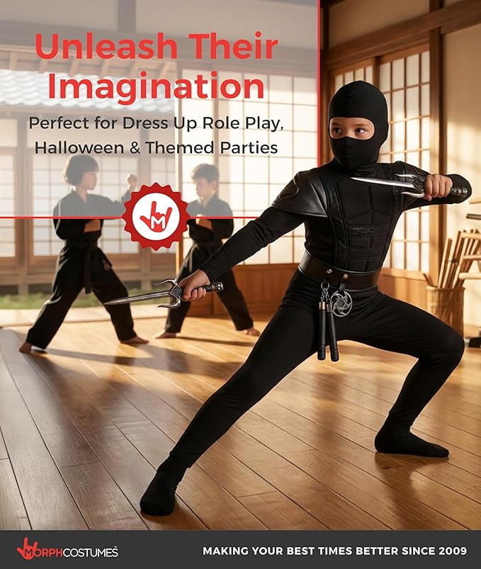  Boys Black Ninja Costume Toys Kids Samurai Warrior Book Day Week Halloween Black L