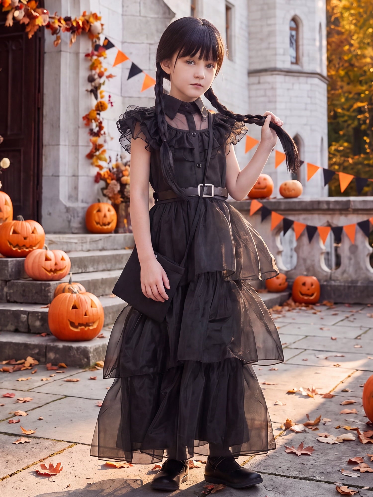  Girls Halloween Costume Fancy Dress with Wig Black for Child Carnival Party 10-12 Years