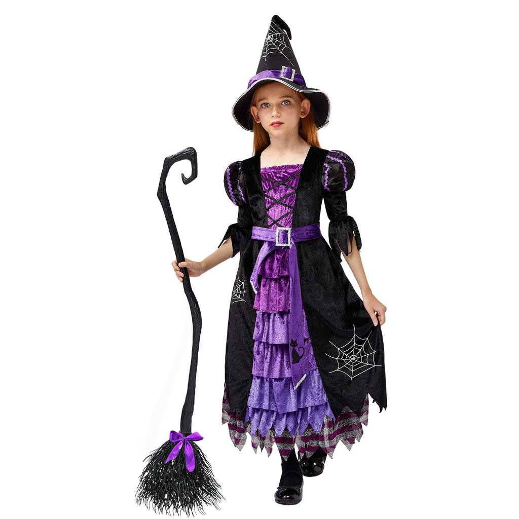  Witch Costume Set for Girls, Halloween Fancy-Dress with Broom Hat for Toddler Kids Halloween Party Dress up 3-14 Years